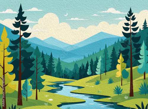 Mountain landscape . Pattern to print for wall decorations. Oil painting .