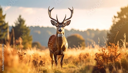 Majestic Deer Standing Tall in Golden Meadow With Antlers Under Bright Sunlight and Forest Backdrop in Warm Color Palette