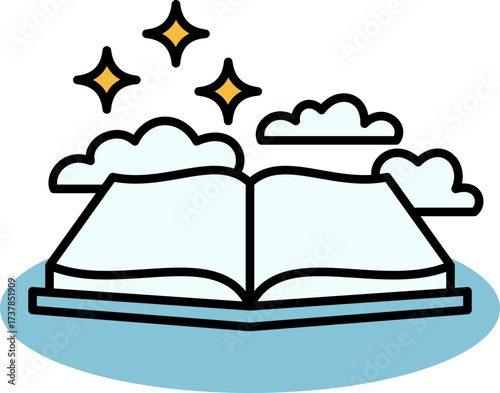 Open Book with Clouds and Stars Cartoon Style Illustration for Education