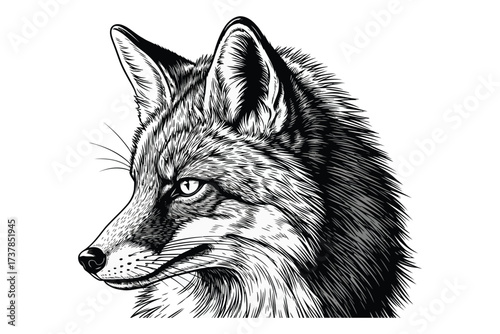 Vector art of detailed illustration of a fox head, capturing the essence of the cunning and intelligent animal with its sharp features and piercing gaze