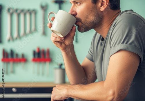 Young man enjoying morning coffee in workshop, relaxing with hot beverage surrounded by tools and equipment in a casual setting