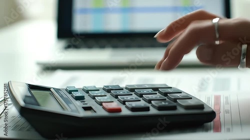 Accountant calculating company expenses on calculator with modern laptop in background, perfect for finance or small business videos