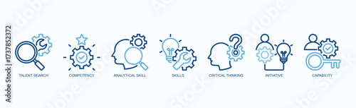 Powering Competence Icon Set Isolated Vector With Icon Of Talent Search, Competency, Analytical Skill, Skills, Critical Thinking, Initiative, Capability In Two Color Outline Style
