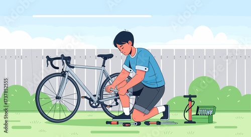 Boy Repairing Bicycle At Home For Summer Weekend Adventure