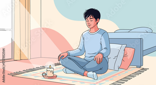 Calm Meditation Scene With Young Man At Home Relaxation