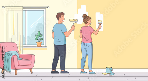 Couple Painting Together Improving Their Home Wall Interior