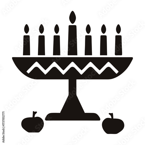 Silhouette of a candelabrum with nine candles and two apples stands on a transparent backdrop