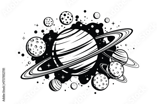 Vector art of a captivating monochrome vector illustration of a planetary system, featuring planets, rings, and cosmic dust, creating a celestial and artistic scene