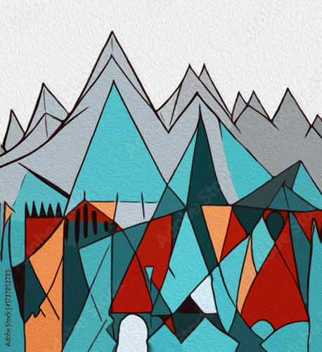 Mountain landscape . Pattern to print for wall decorations. Oil painting .