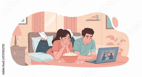 Couple Relaxing Watching Movie On Laptop Together At Home