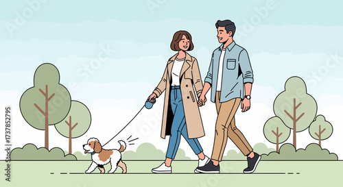 Couple Walking Dog In The Park Together On Weekend Vacation