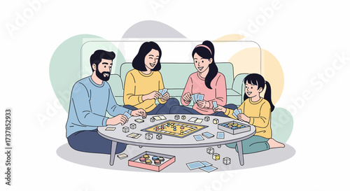 Family Enjoys Playing Board Game Together At Home Cartoon Illustration