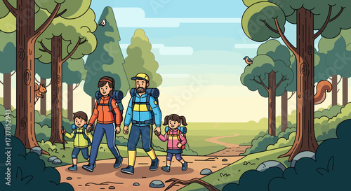 Family Enjoying Nature Walk On Trail In Forest Together