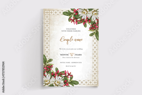 WEDDING INVITATION FRAME WITH FLOWER DECORATIONS AND FRESH LEAVES