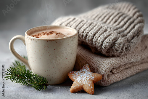 Cozy winter flat lay with a mug of hot chocolate, pinecones, and knitted wool scarf. Warm and comforting atmosphere for seasonal or holiday design.