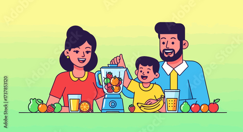 Happy Family Making Fresh Fruit Smoothie Together In Kitchen