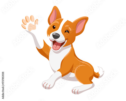 Adorable brown and white basenji dog smiling and giving a high five isolated on white
