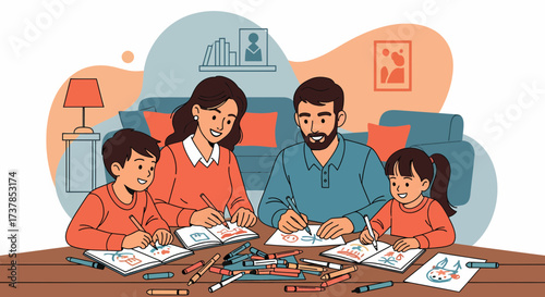 Happy Family Spending Quality Time Drawing Together At Home