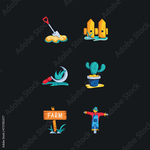 Six Cartoon Farm Tool and Marker Icons on Dark Background