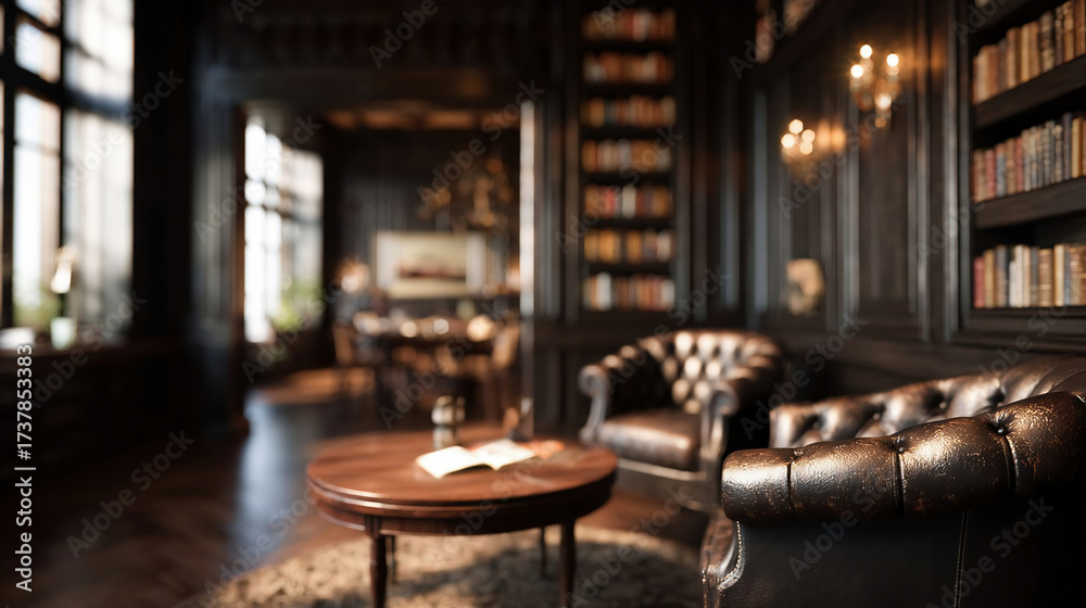 Fototapeta premium Blurred background of a cozy vintage library featuring dark wooden paneling and elegant furniture, creating a warm ambiance perfect for reading