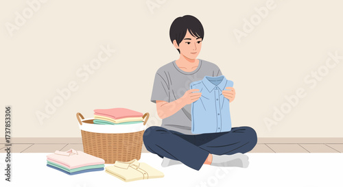 Man Folding Clean Clothes Doing Laundry At Home With Basket