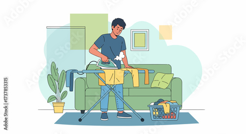 Man Ironing Clothes At Home In A Colorful Living Room Scene
