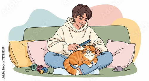 Man Grooming His Cat While Relaxing On The Sofa At Home