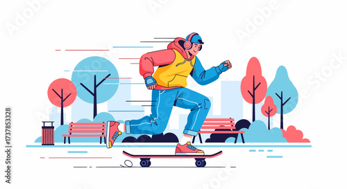 Man On Skateboard Riding Fast In City Park Having Fun