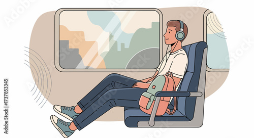 Man Listening Music During Traveling By Train In Urban Environment