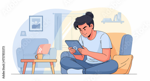 Man Relaxing At Home Using Tablet For Reading Or Entertainment