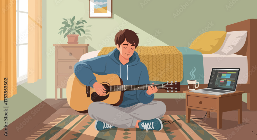 Fototapeta premium Relaxed Musician Composing Music At Home Using Guitar And Laptop