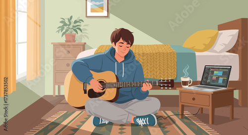 Relaxed Musician Composing Music At Home Using Guitar And Laptop