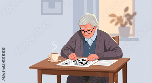 Senior Man Doing Crossword Puzzle Enjoying Retirement Hobby