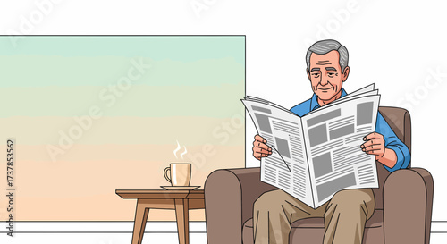 Senior Man Relaxing At Home Reading Newspaper With Cup Of Coffee