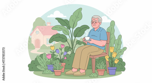 Senior Enjoying Hot Beverage Relaxing In Garden Scene Illustration