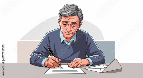 Senior Man Signing Document With Pen At Desk Illustration
