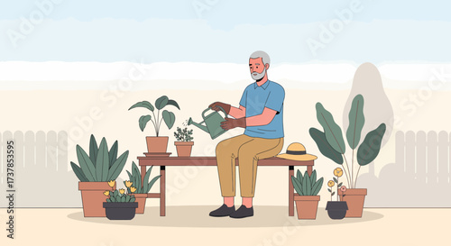 Senior Man Watering Potted Plants In His Garden Illustration