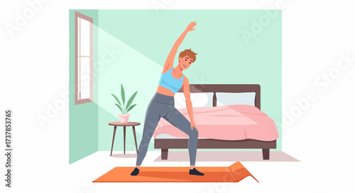 Woman Doing Stretching Exercise In Her Bedroom At Home Illustration