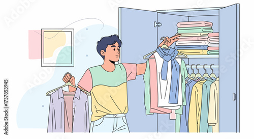 Young Man Choosing Outfit From Wardrobe With Folded Clothes