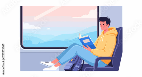 Young Man Enjoying A Book During A Relaxing Train Journey