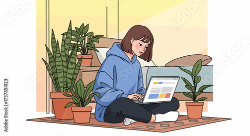 Young Woman Working From Home Surrounded By Plants On Laptop
