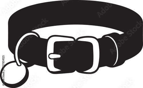 Black and white illustration of a dog collar with a tag