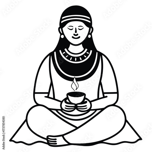 Monochromatic of a serene Indian woman in meditation holding diya with crossed legs
