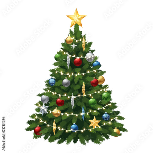 Decorated christmas tree with ornaments and lights isolated on white background