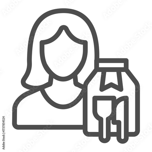 Woman and bag with fork and knife line icon, fast food concept. Vector graphics. Girl and bag sign on white background, outline style icon for mobile or web design.