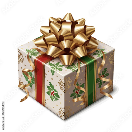 Festive christmas gift box with gold bow isolated on white background