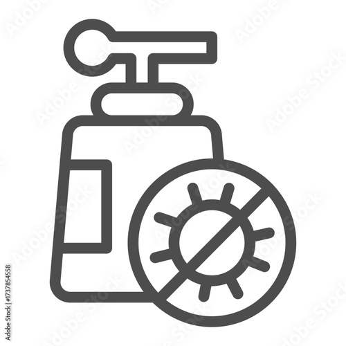 Bottle of liquid soap and no bacteria badge line icon, hygiene concept. Vector graphics. Soap bottle sign on white background, outline style icon for mobile or web design.
