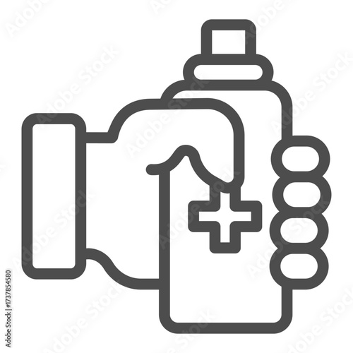 Bottle of antiseptic in hand line icon, medicine concept. Vector graphics. Antiseptic bottle with medical cross sign on white background, outline style icon for mobile or web design.