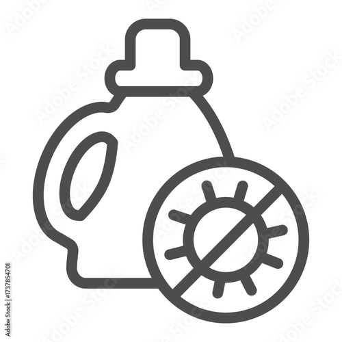 Detergent bottle with handle line icon, antibacterial agent concept. Vector graphics. Bottle nd bacteria ban sign on white background, outline style icon for mobile or web design.
