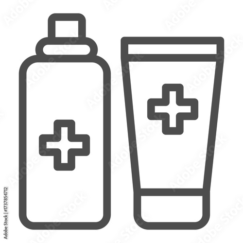 Antiseptic can and ointment tube line icon, hygiene concept. Vector graphics. Agents with medical cross sign on white background, outline style icon for mobile or web design.